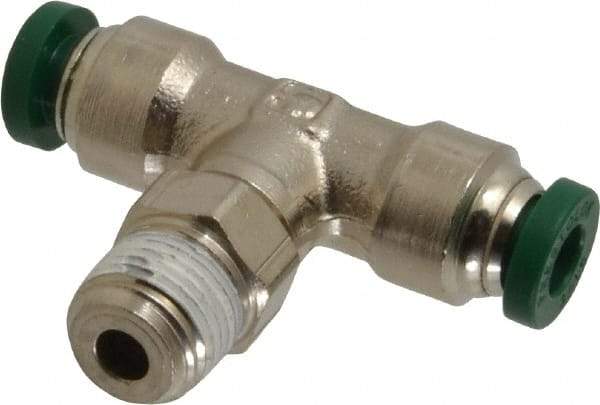 Parker - 3/16" Outside Diam, 1/8 NPTF, Nickel Plated Brass Push-to-Connect Tube Male Swivel Branch Tee - 300 Max psi, Tube to Male NPT Connection, Buna-N O-Ring - Exact Tool & Supply