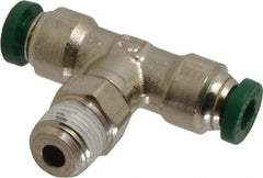 Parker - 3/16" Outside Diam, 1/8 NPTF, Nickel Plated Brass Push-to-Connect Tube Male Swivel Branch Tee - 300 Max psi, Tube to Male NPT Connection, Buna-N O-Ring - Exact Tool & Supply
