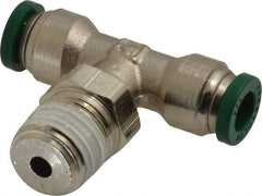Parker - 1/4" Outside Diam, 1/4 NPTF, Nickel Plated Brass Push-to-Connect Tube Male Swivel Branch Tee - 300 Max psi, Tube to Male NPT Connection, Buna-N O-Ring - Exact Tool & Supply