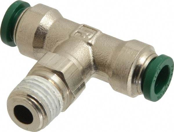 Parker - 5/16" Outside Diam, 1/4 NPTF, Nickel Plated Brass Push-to-Connect Tube Male Swivel Branch Tee - 300 Max psi, Tube to Male NPT Connection, Buna-N O-Ring - Exact Tool & Supply
