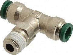Parker - 5/16" Outside Diam, 1/4 NPTF, Nickel Plated Brass Push-to-Connect Tube Male Swivel Branch Tee - 300 Max psi, Tube to Male NPT Connection, Buna-N O-Ring - Exact Tool & Supply