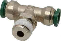 Parker - 3/8" Outside Diam, 3/8 NPTF, Nickel Plated Brass Push-to-Connect Tube Male Swivel Branch Tee - 300 Max psi, Tube to Male NPT Connection, Buna-N O-Ring - Exact Tool & Supply