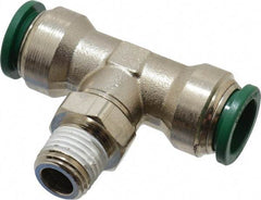 Parker - 1/2" Outside Diam, 1/4 NPTF, Nickel Plated Brass Push-to-Connect Tube Male Swivel Branch Tee - 300 Max psi, Tube to Male NPT Connection, Buna-N O-Ring - Exact Tool & Supply