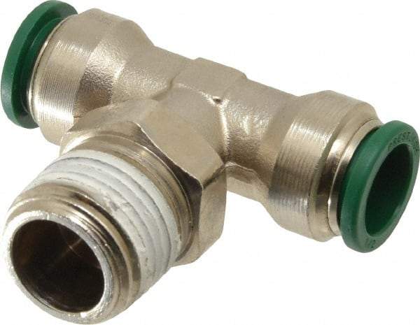 Parker - 1/2" Outside Diam, 1/2 NPTF, Nickel Plated Brass Push-to-Connect Tube Male Swivel Branch Tee - 300 Max psi, Tube to Male NPT Connection, Buna-N O-Ring - Exact Tool & Supply