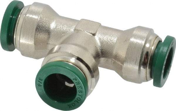 Parker - 3/8" Outside Diam, Nickel Plated Brass Push-to-Connect Tube Union Tee - 300 Max psi, Tube to Tube Connection, Buna-N O-Ring - Exact Tool & Supply