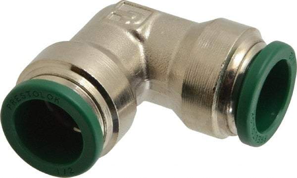 Parker - 1/2" Outside Diam, Nickel Plated Brass Push-to-Connect Tube Union Elbow - 300 Max psi, Tube to Tube Connection, Buna-N O-Ring - Exact Tool & Supply