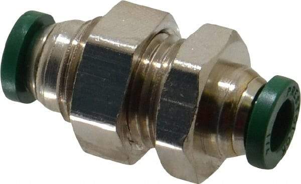 Parker - 1/4" Outside Diam, Nickel Plated Brass Push-to-Connect Tube Bulkhead Union - 300 Max psi, Tube to Tube Connection, Buna-N O-Ring - Exact Tool & Supply