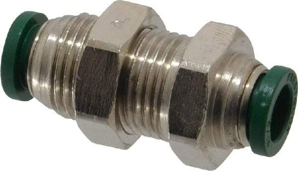 Parker - 5/16" Outside Diam, Nickel Plated Brass Push-to-Connect Tube Bulkhead Union - 300 Max psi, Tube to Tube Connection, Buna-N O-Ring - Exact Tool & Supply