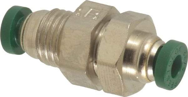 Parker - 5/32" Outside Diam, Nickel Plated Brass Push-to-Connect Tube Bulkhead Union - 300 Max psi, Tube to Tube Connection, Buna-N O-Ring - Exact Tool & Supply