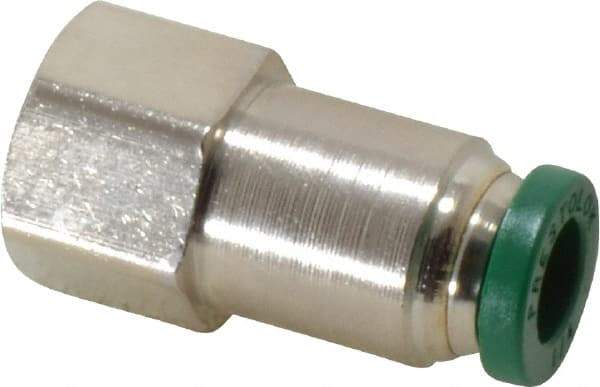 Parker - 1/4" Outside Diam, 1/8 NPTF, Nickel Plated Brass Push-to-Connect Tube Female Connector - 300 Max psi, Tube to Female NPT Connection, Buna-N O-Ring - Exact Tool & Supply