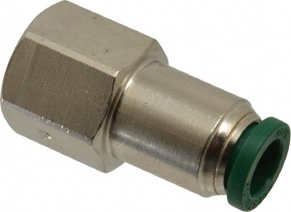 Parker - 5/16" Outside Diam, 1/4 NPTF, Nickel Plated Brass Push-to-Connect Tube Female Connector - 300 Max psi, Tube to Female NPT Connection, Buna-N O-Ring - Exact Tool & Supply
