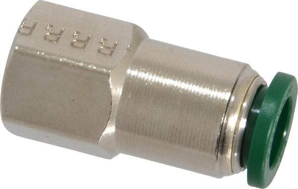 Parker - 3/8" Outside Diam, 1/4 NPTF, Nickel Plated Brass Push-to-Connect Tube Female Connector - 300 Max psi, Tube to Female NPT Connection, Buna-N O-Ring - Exact Tool & Supply