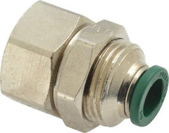 Parker - 3/8" Outside Diam, 3/8 NPTF, Nickel Plated Brass Push-to-Connect Tube Female Bulkhead - 300 Max psi, Tube to Female NPT Connection, Buna-N O-Ring - Exact Tool & Supply
