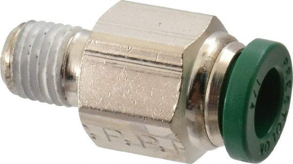 Parker - 1/4" Outside Diam, 1/16 NPTF, Nickel Plated Brass Push-to-Connect Tube Male Connector - 300 Max psi, Tube to Male NPT Connection, Buna-N O-Ring - Exact Tool & Supply