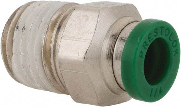Parker - 1/4" Outside Diam, 1/4 NPTF, Nickel Plated Brass Push-to-Connect Tube Male Connector - 300 Max psi, Tube to Male NPT Connection, Buna-N O-Ring - Exact Tool & Supply