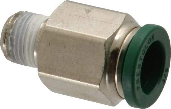 Parker - 3/8" Outside Diam, 1/8 NPTF, Nickel Plated Brass Push-to-Connect Tube Male Connector - 300 Max psi, Tube to Male NPT Connection, Buna-N O-Ring - Exact Tool & Supply