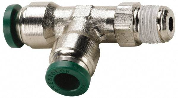Parker - 1/2" Outside Diam, 1/2 NPTF, Nickel Plated Brass Push-to-Connect Tube Male Swivel Run Tee - 300 Max psi, Tube to Male NPT Connection, Buna-N O-Ring - Exact Tool & Supply