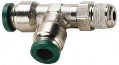 Parker - 1/2" Outside Diam, 1/2 NPTF, Nickel Plated Brass Push-to-Connect Tube Male Swivel Run Tee - 300 Max psi, Tube to Male NPT Connection, Buna-N O-Ring - Exact Tool & Supply