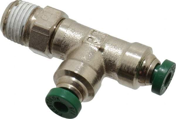 Parker - 1/8" Outside Diam, 1/8 NPTF, Nickel Plated Brass Push-to-Connect Tube Male Swivel Run Tee - 300 Max psi, Tube to Male NPT Connection, Buna-N O-Ring - Exact Tool & Supply