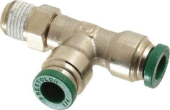 Parker - 1/4" Outside Diam, 1/8 NPTF, Nickel Plated Brass Push-to-Connect Tube Male Swivel Run Tee - 300 Max psi, Tube to Male NPT Connection, Buna-N O-Ring - Exact Tool & Supply