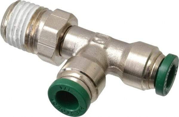 Parker - 1/4" Outside Diam, 1/4 NPTF, Nickel Plated Brass Push-to-Connect Tube Male Swivel Run Tee - 300 Max psi, Tube to Male NPT Connection, Buna-N O-Ring - Exact Tool & Supply