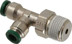 Parker - 1/4" Outside Diam, 3/8 NPTF, Nickel Plated Brass Push-to-Connect Tube Male Swivel Run Tee - 300 Max psi, Tube to Male NPT Connection, Buna-N O-Ring - Exact Tool & Supply