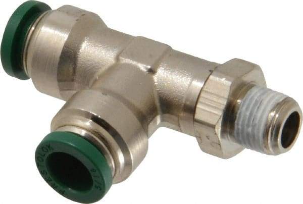 Parker - 5/16" Outside Diam, 1/8 NPTF, Nickel Plated Brass Push-to-Connect Tube Male Swivel Run Tee - 300 Max psi, Tube to Male NPT Connection, Buna-N O-Ring - Exact Tool & Supply