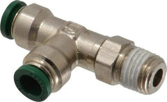 Parker - 5/16" Outside Diam, 1/4 NPTF, Nickel Plated Brass Push-to-Connect Tube Male Swivel Run Tee - 300 Max psi, Tube to Male NPT Connection, Buna-N O-Ring - Exact Tool & Supply