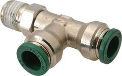 Parker - 3/8" Outside Diam, 1/4 NPTF, Nickel Plated Brass Push-to-Connect Tube Male Swivel Run Tee - 300 Max psi, Tube to Male NPT Connection, Buna-N O-Ring - Exact Tool & Supply