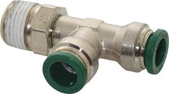 Parker - 3/8" Outside Diam, 3/8 NPTF, Nickel Plated Brass Push-to-Connect Tube Male Swivel Run Tee - 300 Max psi, Tube to Male NPT Connection, Buna-N O-Ring - Exact Tool & Supply