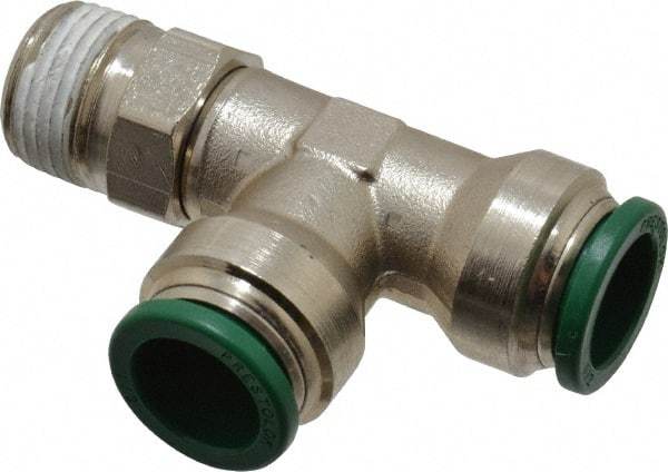 Parker - 1/2" Outside Diam, 3/8 NPTF, Nickel Plated Brass Push-to-Connect Tube Male Swivel Run Tee - 300 Max psi, Tube to Male NPT Connection, Buna-N O-Ring - Exact Tool & Supply