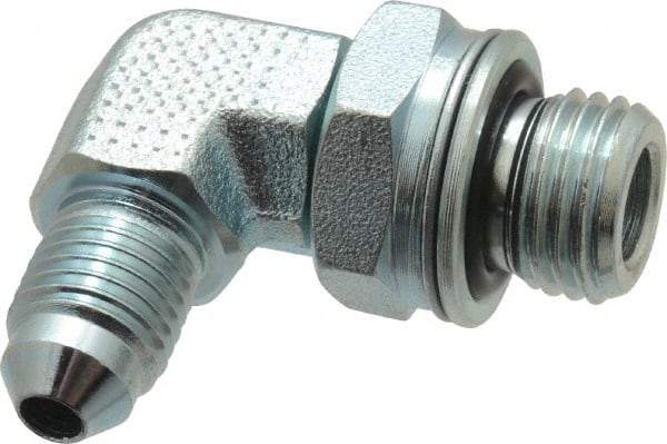 Voss - 7/16-20 x M14x1.5 Male Thread, Zinc Plated Carbon Steel Industrial Pipe 90° Elbow Adapter - MJIC x Male Metric - Exact Tool & Supply