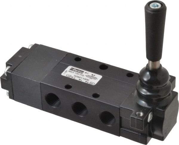 Parker - 0.83 CV Rate, 1/4" NPT Inlet Direct Air 4 Mechanical Spool Valve - 4 Way, 3 Position EC, Lever Spring Return, 150 Max psi - Exact Tool & Supply