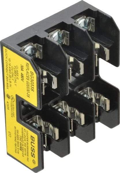 Cooper Bussmann - 3 Pole, 10 to 14 AWG, 480 VAC/VDC, 30 Amp, DIN Rail Mount Fuse Block - 3 Inch Long x 2.38 Inch Wide x 1.22 Inch High Block - Exact Tool & Supply