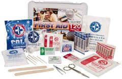 Medique - 120 Piece, Multipurpose/Auto/Travel First Aid Kit - 10" Wide x 3-1/2" Deep x 7-1/2" High, Plastic Case - Exact Tool & Supply