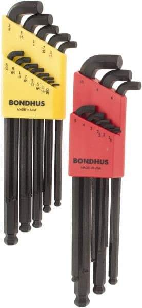 Bondhus - 22 Piece L-Key Ball End Hex Key Set - Hex Range 0.05 to 3/8", Protanium Up to reg/ Over Steel - Exact Tool & Supply