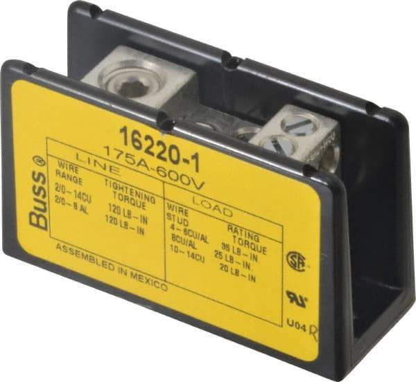 Cooper Bussmann - 1 Pole, 175 Amp, 8-2/0 AWG (Al), 14-2/0 AWG (Cu) Primary, 4-14 AWG (Cu), 4-8 AWG (Al) Secondary, Thermoplastic Power Distribution Block - 600 VAC/VDC, 1 Primary Connection, 1.96 Inch Long x 3.32 Inch Deep x 4 Inch High - Exact Tool & Supply