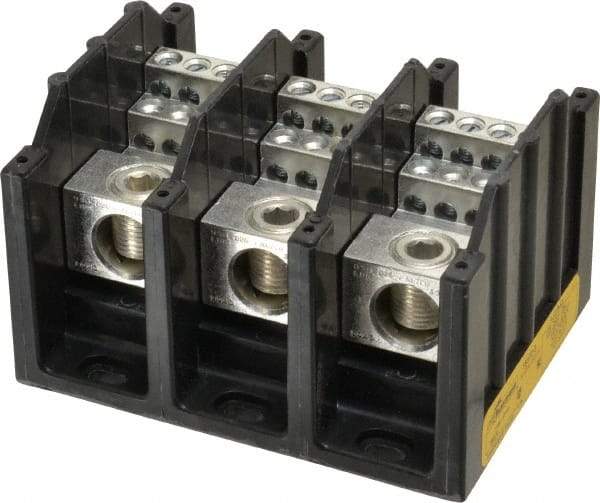Cooper Bussmann - 3 Poles, 310 Amp, 350 kcmil-6 AWG (Cu/Al) Primary, 4-12 AWG (Al), 4-14 AWG (Cu) Secondary, Thermoplastic Power Distribution Block - 600 VAC/VDC, 1 Primary Connection, 5.2 Inch Long x 3.32 Inch Deep x 4 Inch High - Exact Tool & Supply
