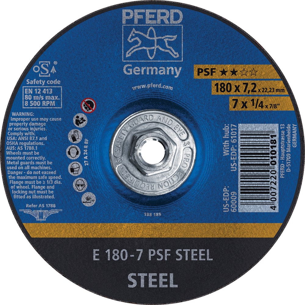 PFERD - Depressed-Center Wheels; Hole Thread Size: 5/8-11 ; Connector Type: Arbor ; Wheel Type Number: Type 27 ; Abrasive Material: Aluminum Oxide ; Maximum RPM: 8500.000 ; Grit: 24 - Exact Tool & Supply