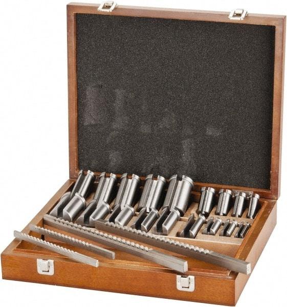 Value Collection - 27 Piece, 1/8 to 3/8" Keyway Width, Style B & C Keyway Broach Set - Bright Finish High Speed Steel Broach, Collared Bushing, 1/2 to 1-9/16" Bushing Diam - Exact Tool & Supply