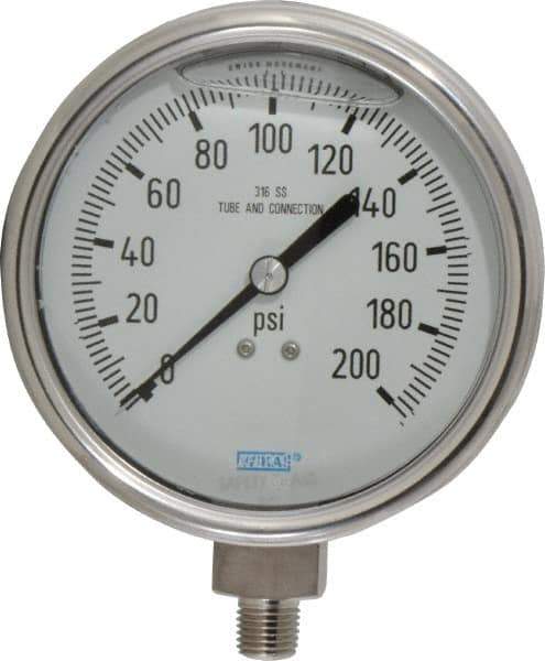 Wika - 4" Dial, 1/4 Thread, 0-200 Scale Range, Pressure Gauge - Lower Connection Mount, Accurate to 1% of Scale - Exact Tool & Supply