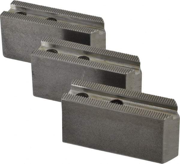 H & R Manufacturing - 1.5mm x 60° Serrated Attachment, Square Soft Lathe Chuck Jaw - 3 Jaws, Steel, 0.969" Btw Mount Hole Ctrs, 3-1/8" Long x 1" Wide x 1-1/2" High, 0.433" Groove, 8mm Fastener - Exact Tool & Supply