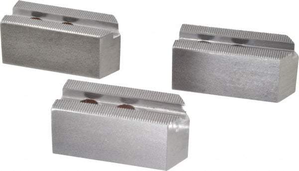 H & R Manufacturing - 1.5mm x 60° Serrated Attachment, Square Soft Lathe Chuck Jaw - 3 Jaws, Steel, 1" Btw Mount Hole Ctrs, 3-1/2" Long x 1-1/2" Wide x 1-1/2" High, 0.551" Groove, 12mm Fastener - Exact Tool & Supply