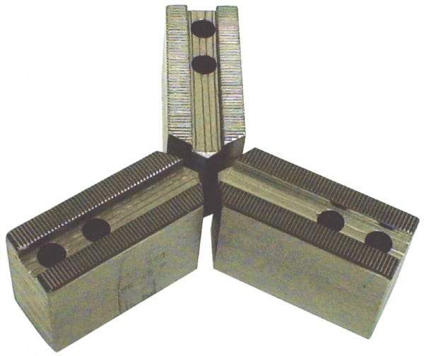 H & R Manufacturing - 4" Chuck Capacity, 1.5mm x 60° Serrated Attachment, Square Soft Lathe Chuck Jaw - 3 Jaws, Steel, 0.6" Btw Mount Hole Ctrs, 2" Long x 1" Wide x 1" High, 0.316" Groove, 5mm Fastener - Exact Tool & Supply