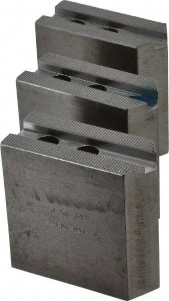 H & R Manufacturing - 1.5mm x 60° Serrated Attachment, Square Soft Lathe Chuck Jaw - 3 Jaws, Steel, 1" Btw Mount Hole Ctrs, 3-1/2" Long x 1-1/2" Wide x 3-1/2" High, 0.551" Groove, 12mm Fastener - Exact Tool & Supply