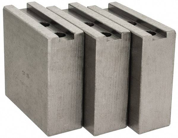 H & R Manufacturing - 1.5mm x 60° Serrated Attachment, Square Soft Lathe Chuck Jaw - 3 Jaws, Steel, 1.266" Btw Mount Hole Ctrs, 4" Long x 1-1/2" Wide x 4" High, 0.63" Groove, 12mm Fastener - Exact Tool & Supply