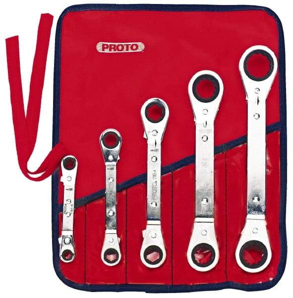 Proto - 5 Piece, 1/4 x 5/16 to 3/4 x 7/8", 6 & 12 Point, Ratcheting Box Wrench Set - Inch System of Measurement, Full Polish Finish, Comes in Nylon Roll - Exact Tool & Supply
