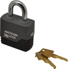 American Lock - 1-1/8" Shackle Clearance, Keyed Different Padlock with Weather Cover - 3/8" Shackle Diam, Brass - Exact Tool & Supply