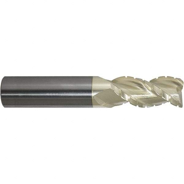 ProMax - 1/2" Diam, 5/8" LOC, 3 Flute Solid Carbide Roughing & Finishing Corner Radius End Mill - ZrN Finish, 2-1/2" OAL, 1/2" Shank Diam, Weldon Shank, 40° Helix, Centercutting, Stub Length - Exact Tool & Supply