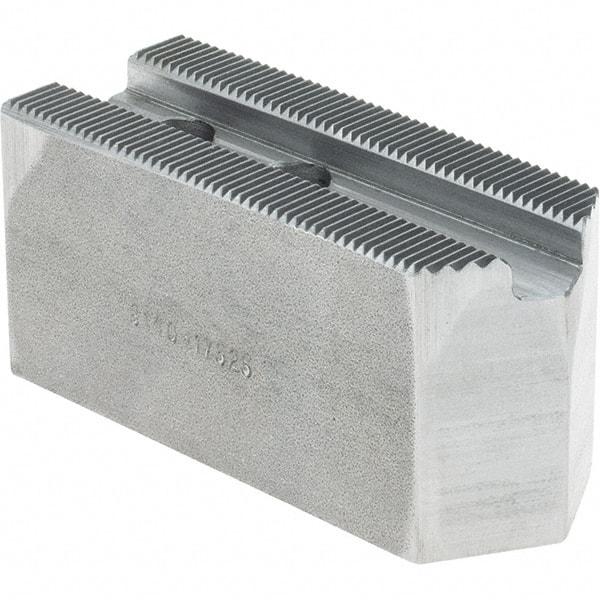 Atlas Workholding - 1.5mm x 60° Serrated Attachment, Square Soft Lathe Chuck Jaw - Steel, 0.787" Btw Mount Hole Ctrs, 3-1/8" Long x 1-1/4" Wide x 1-1/2" High, 0.475" Groove, M10mm Fastener - Exact Tool & Supply